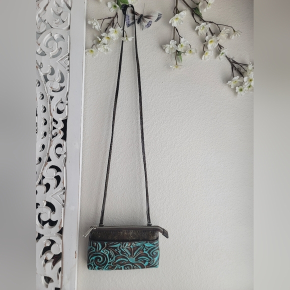 Patricia Nash Teal and Brown Tooled Leather Bacoli Crossbody - Picture 7 of 8
